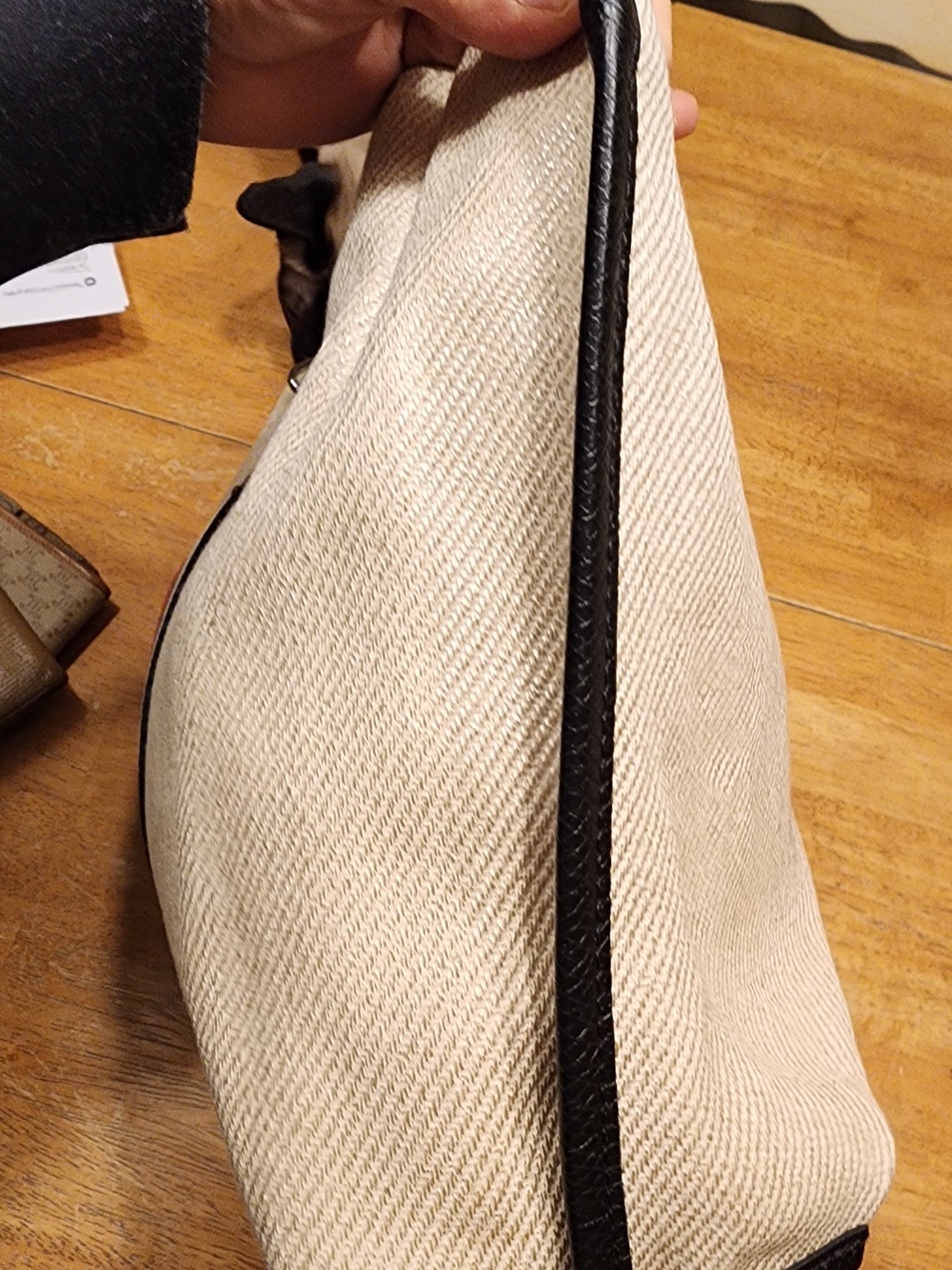 Longchamp Beige Canvas Tote with Black and Red Stripe - Picture 10 of 14